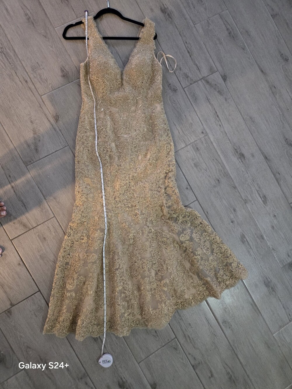 Gold Lace Maxi Evening Dress - Elegant V-Neck - Picture 12 of 12